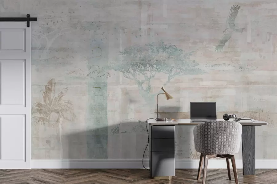 fototapet Vintage grunge efect de design cu copaci, vultur și elemente geometrice w02130