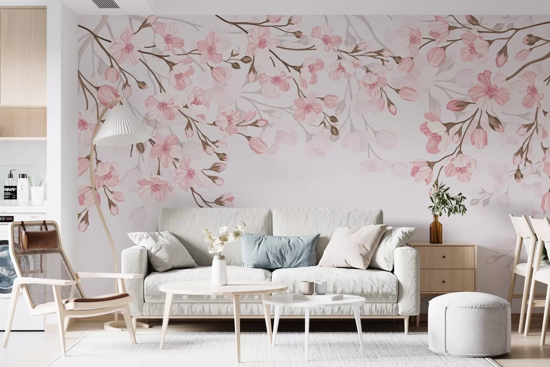 fototapet ramuri înflorite roz pe un fundal roz w02200