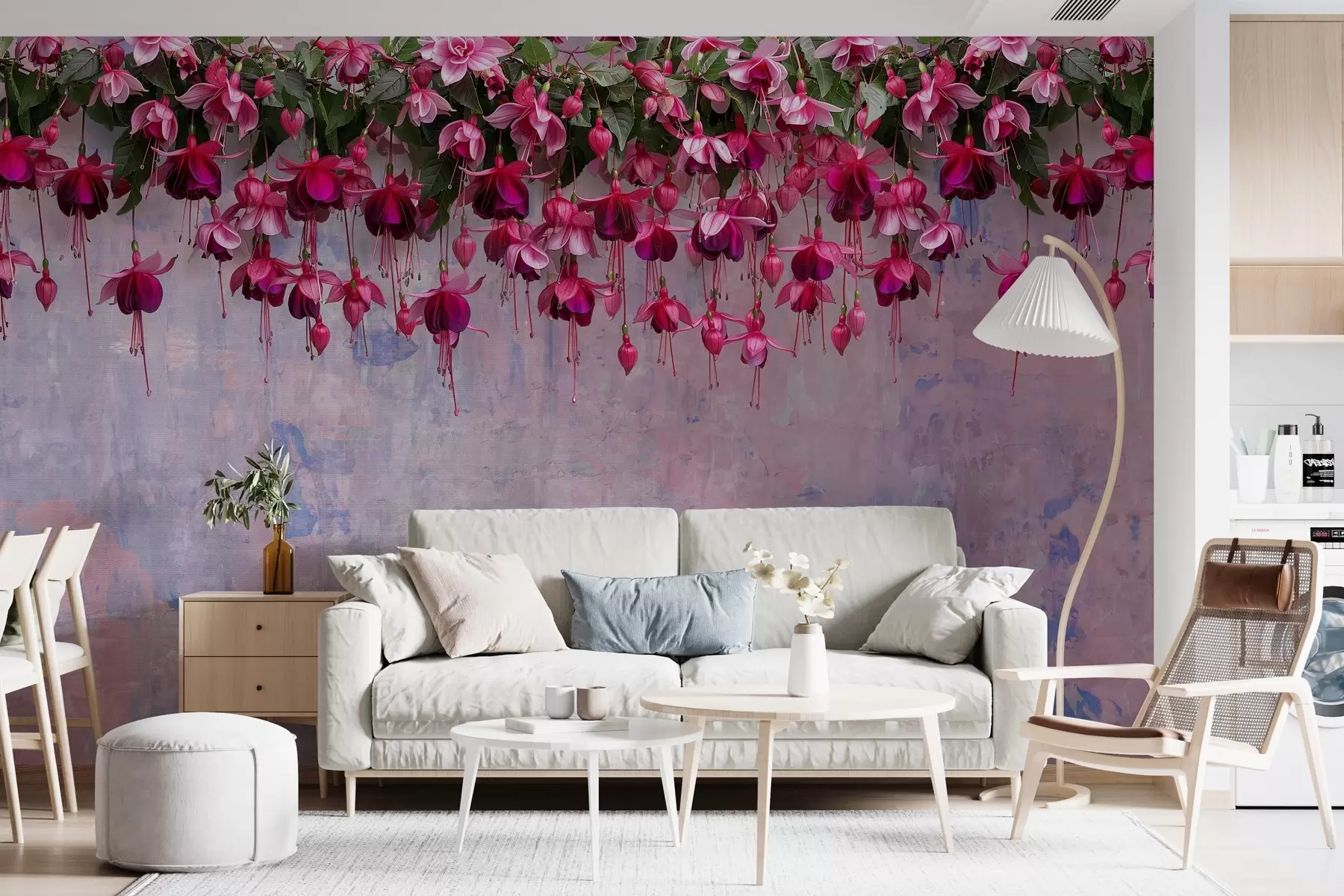 fototapet Flori fucsia mari agățate de sus pe fundalul unui perete retro cu imitație de zgârieturi w02132