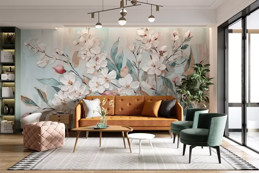 fototapet Floral pastel flori albe delicate cu centre roz, înconjurat de frunze verzi luxuriante și ramuri w08399