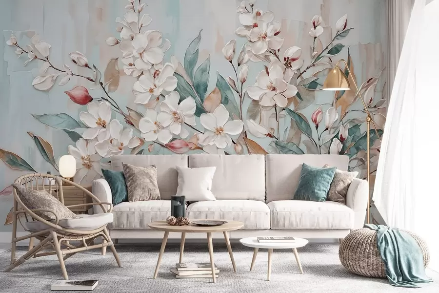 fototapet Floral pastel flori albe delicate cu centre roz, înconjurat de frunze verzi luxuriante și ramuri w08399