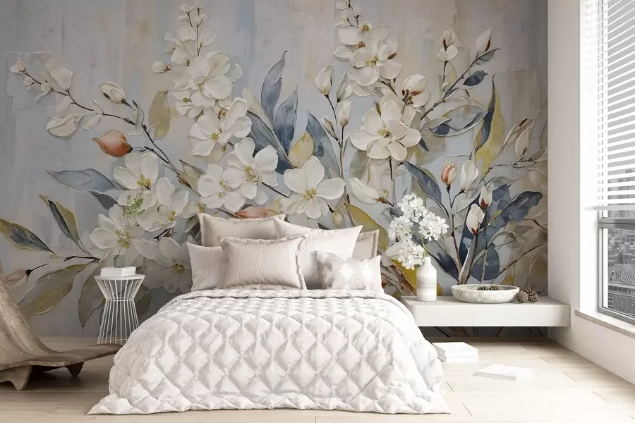 fototapet Floral pastel flori albe delicate cu centre galbene, înconjurat de frunze verzi luxuriante și ramuri w08399v1