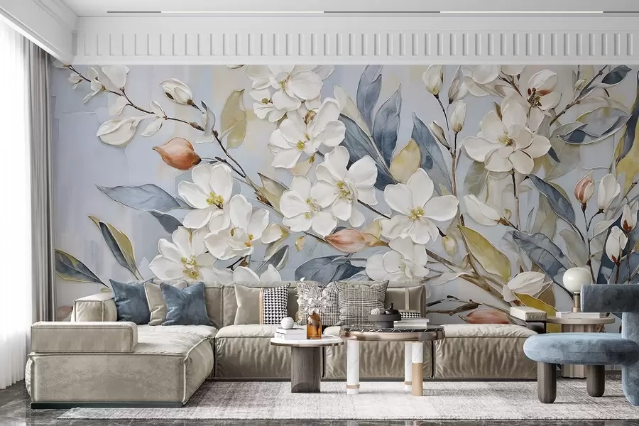 fototapet Floral pastel flori albe delicate cu centre galbene, înconjurat de frunze verzi luxuriante și ramuri w08399v1