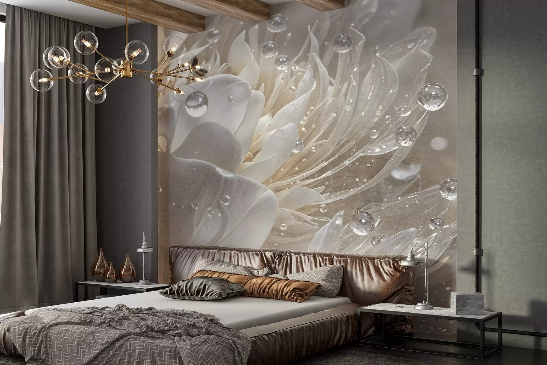 fototapet Un prim-plan al unei flori de bujor bej cu picături de apă pe petalele sale delicate, creând o atmosferă moale w08402