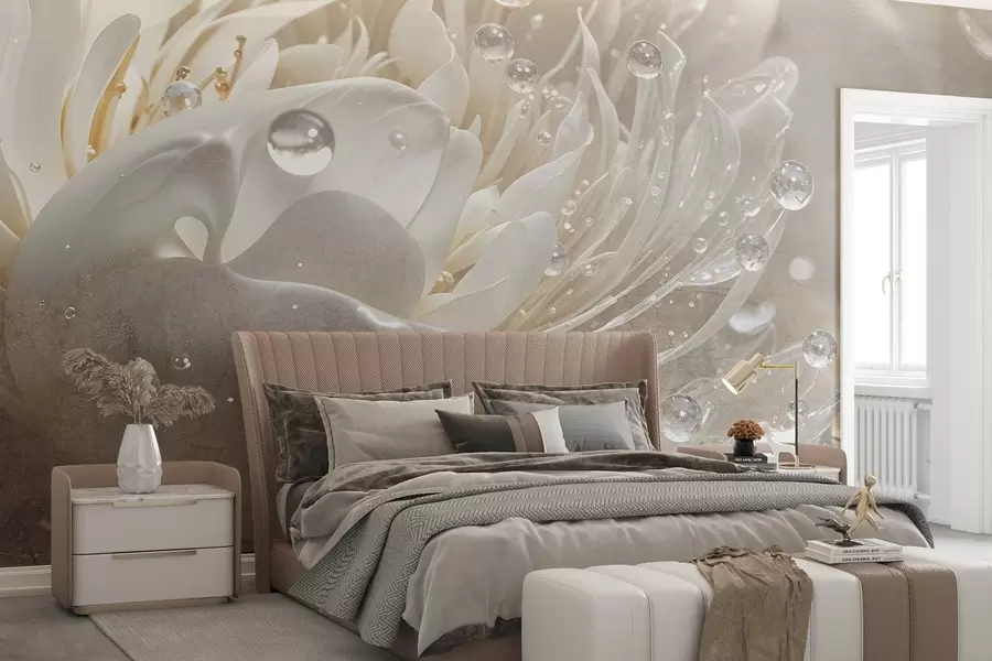 fototapet Un prim-plan al unei flori de bujor bej cu picături de apă pe petalele sale delicate, creând o atmosferă moale w08402