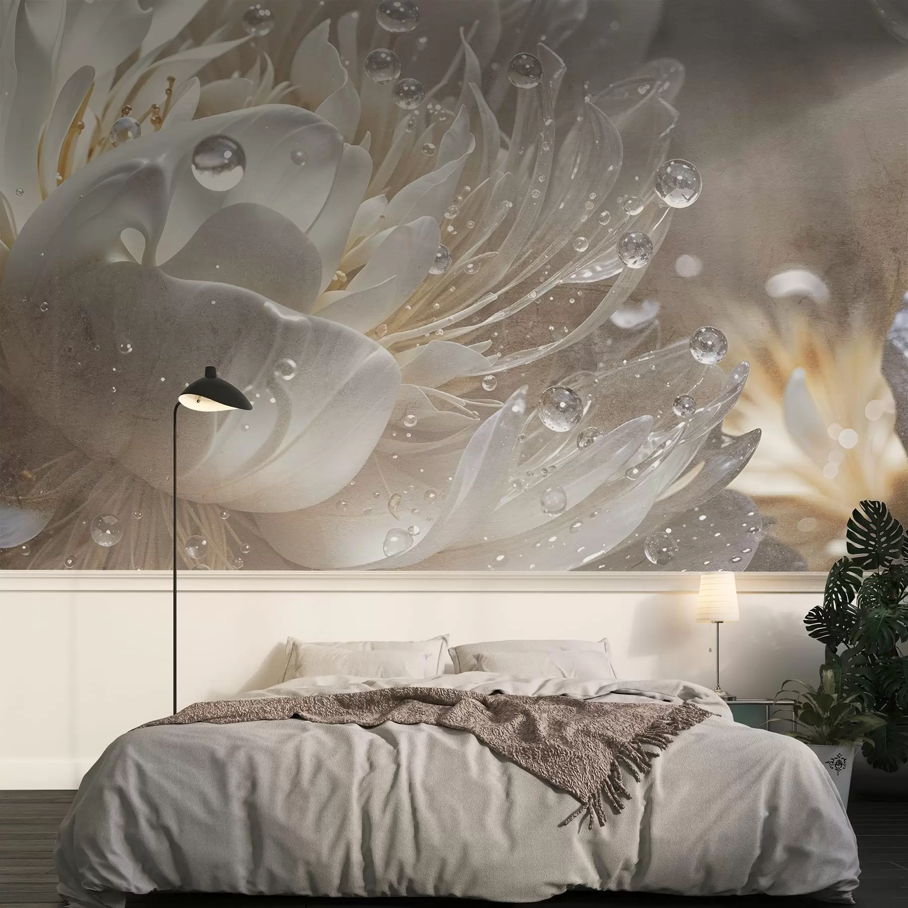 fototapet Un prim-plan al unei flori de bujor bej cu picături de apă pe petalele sale delicate, creând o atmosferă moale w08402