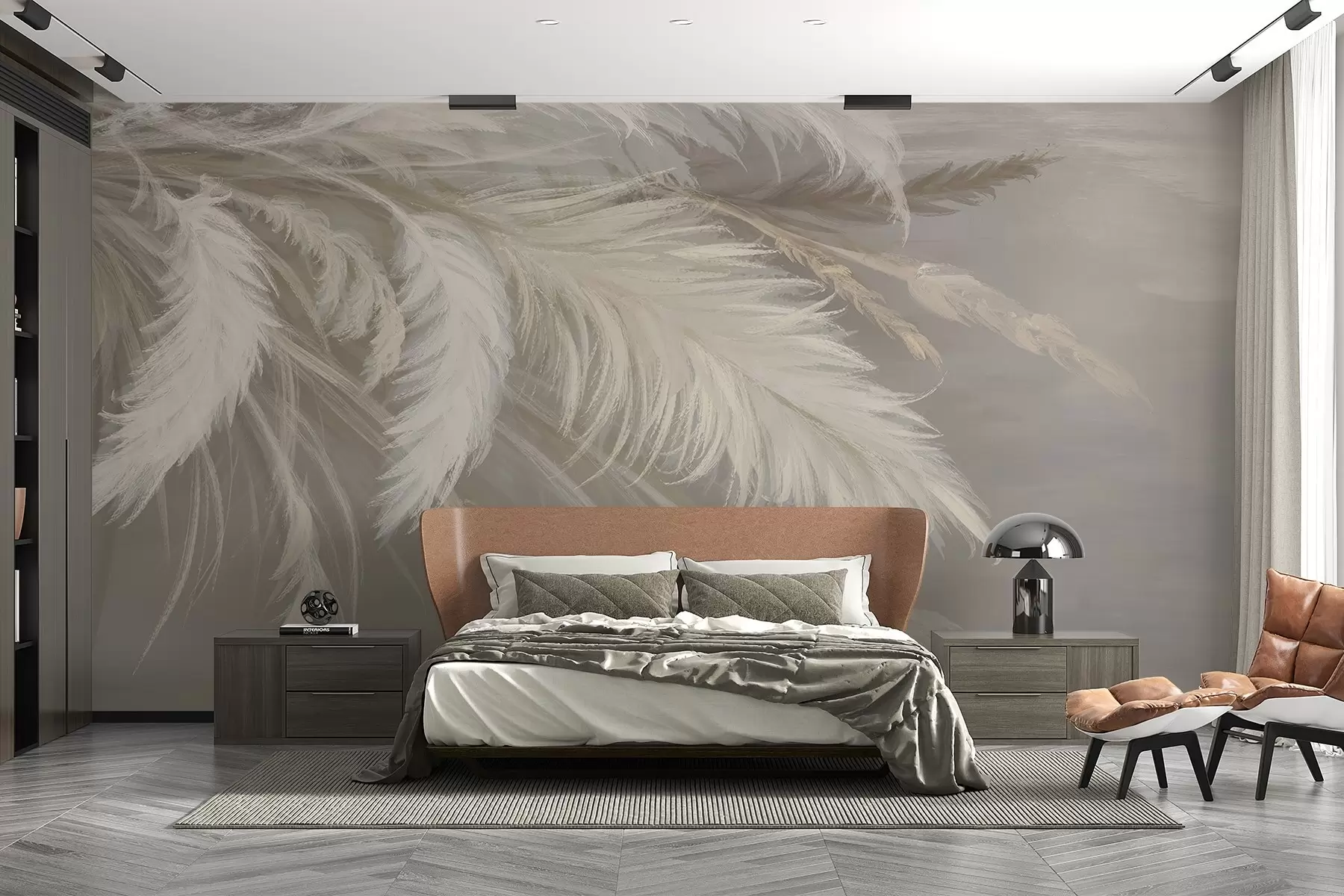 fototapet Pene albe moi, pufoase și flori uscate pe un fundal neutru bej pastel w08403