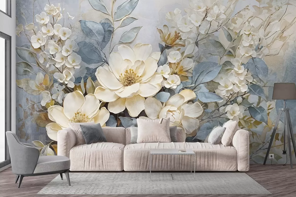 fototapet Flori mari texturate albe și galben pal cu frunze gri-verzui pe un fundal blând, neclar w08404