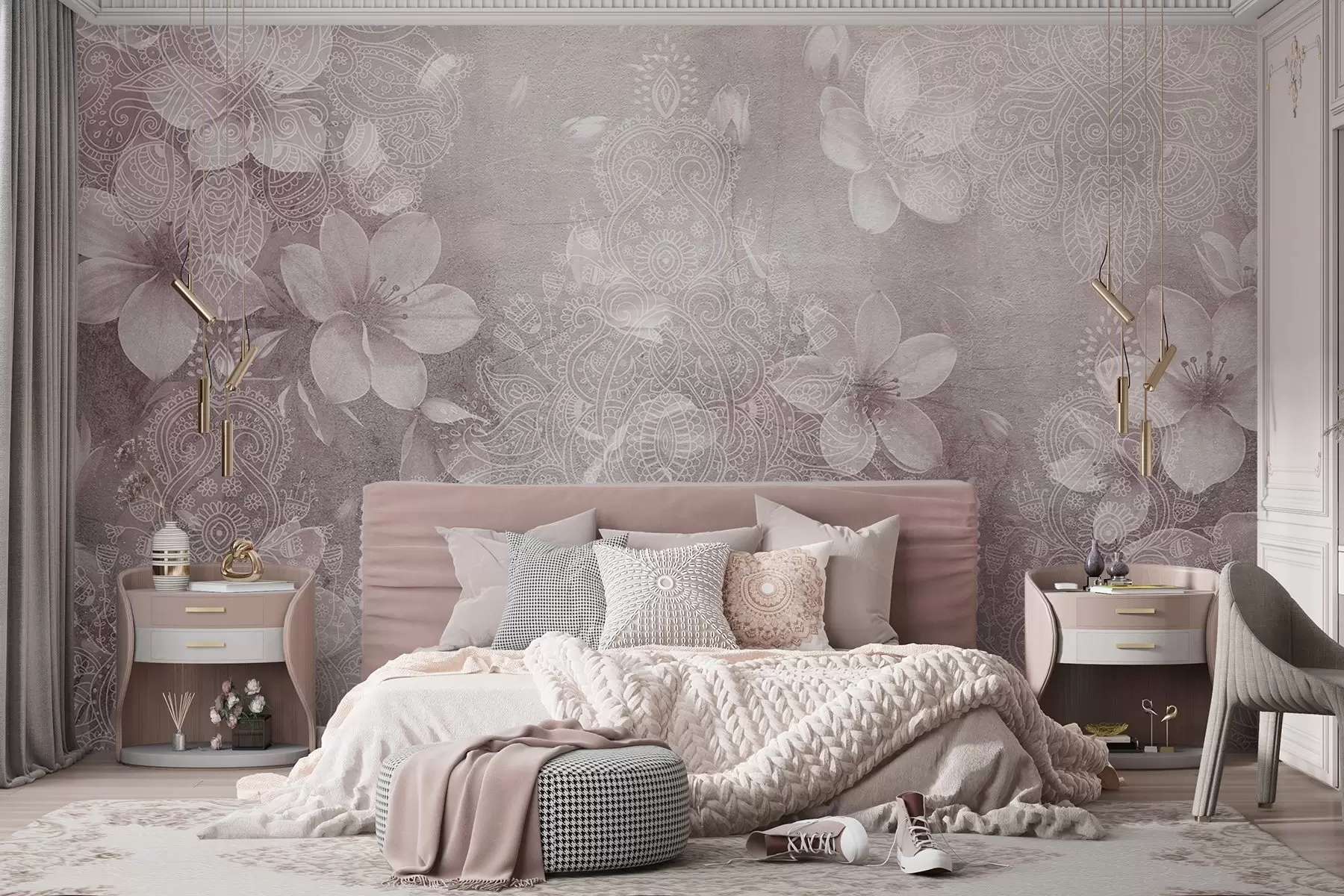 fototapet Soft focalizare desen de flori albe delicate pe un fundal de dantelă bordo textură neclară w08405v2