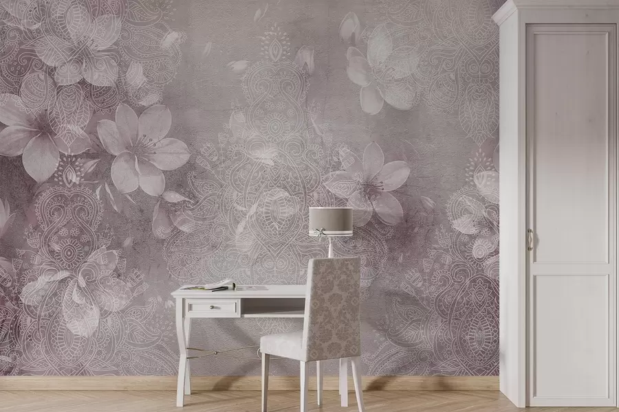 fototapet Soft focalizare desen de flori albe delicate pe un fundal de dantelă bordo textură neclară w08405v2