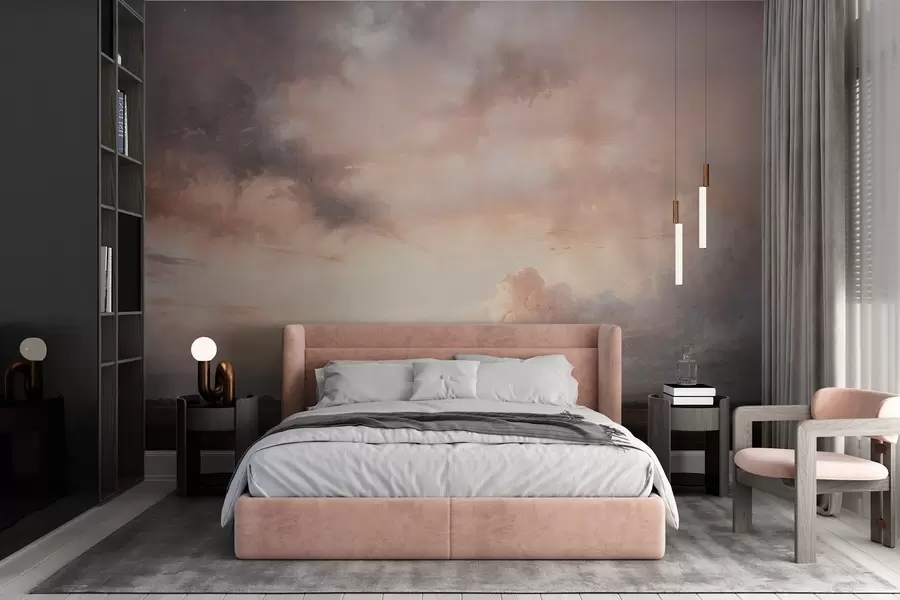 fototapet Print texturat de peisaj dramatic cu cer înnorat deasupra unui lac calm la apus de soare, cu dealuri vizibile în depărtare w08409