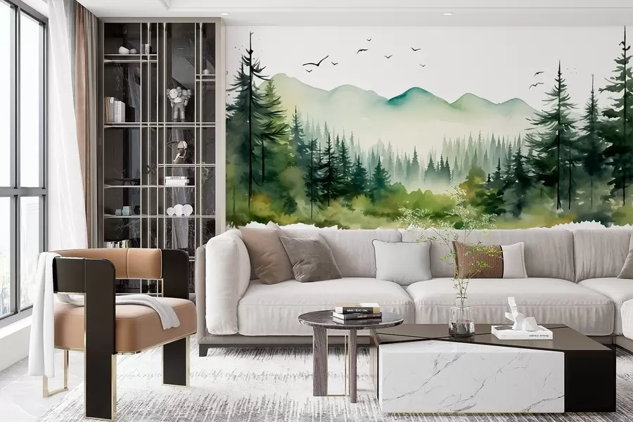 fototapet Pădure de acuarelă și peisaje montane, paleta de culori verzi  w02150