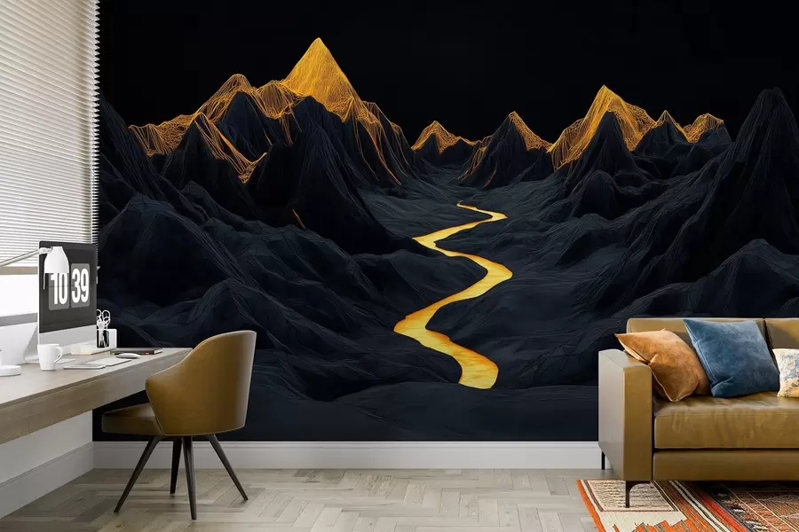 fototapet Polygonal peisaj negru și un râu între munți w02063