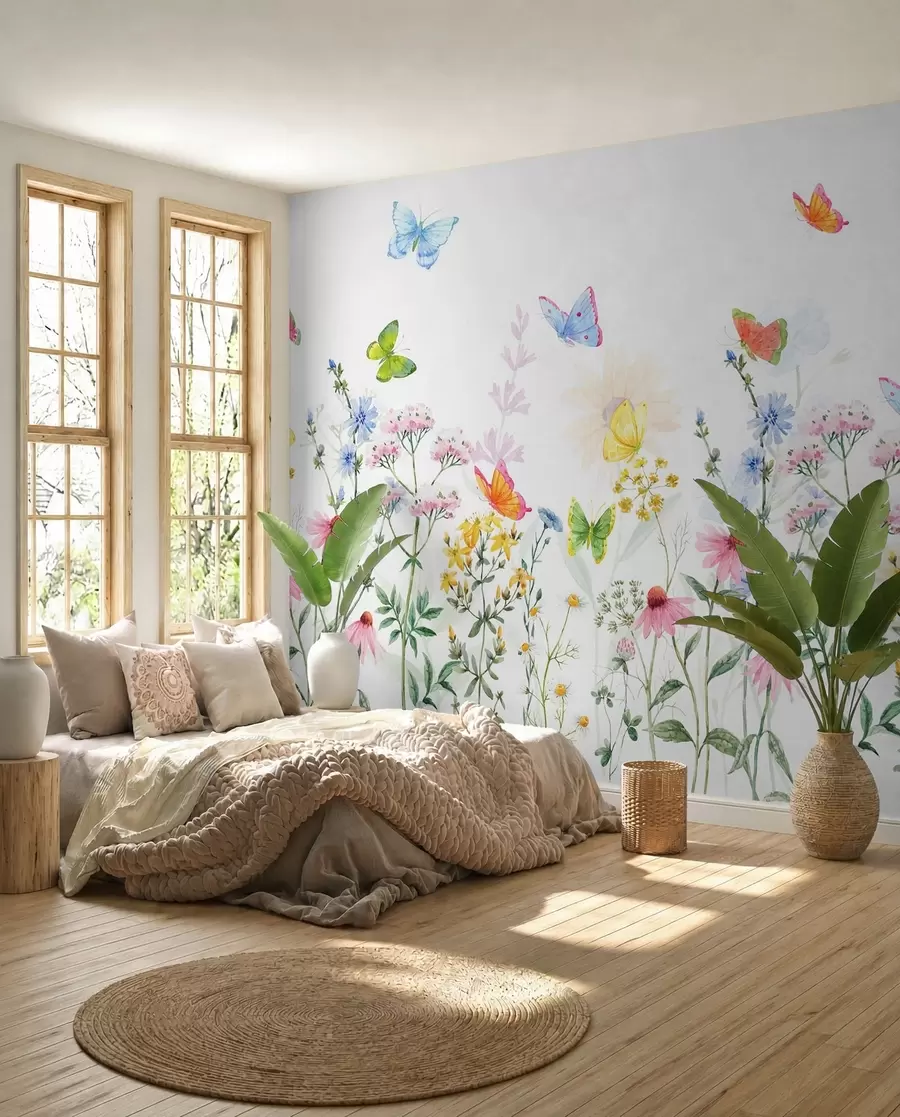 fototapet Flori și plante colorate și fluturi w02238