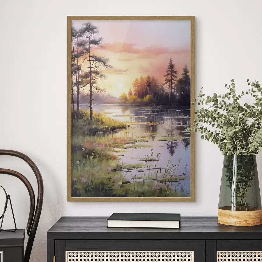 fototapet Răsărit de soare pe lacul din pădure, acuarelă, copaci, flori, lumină blândă f41644
