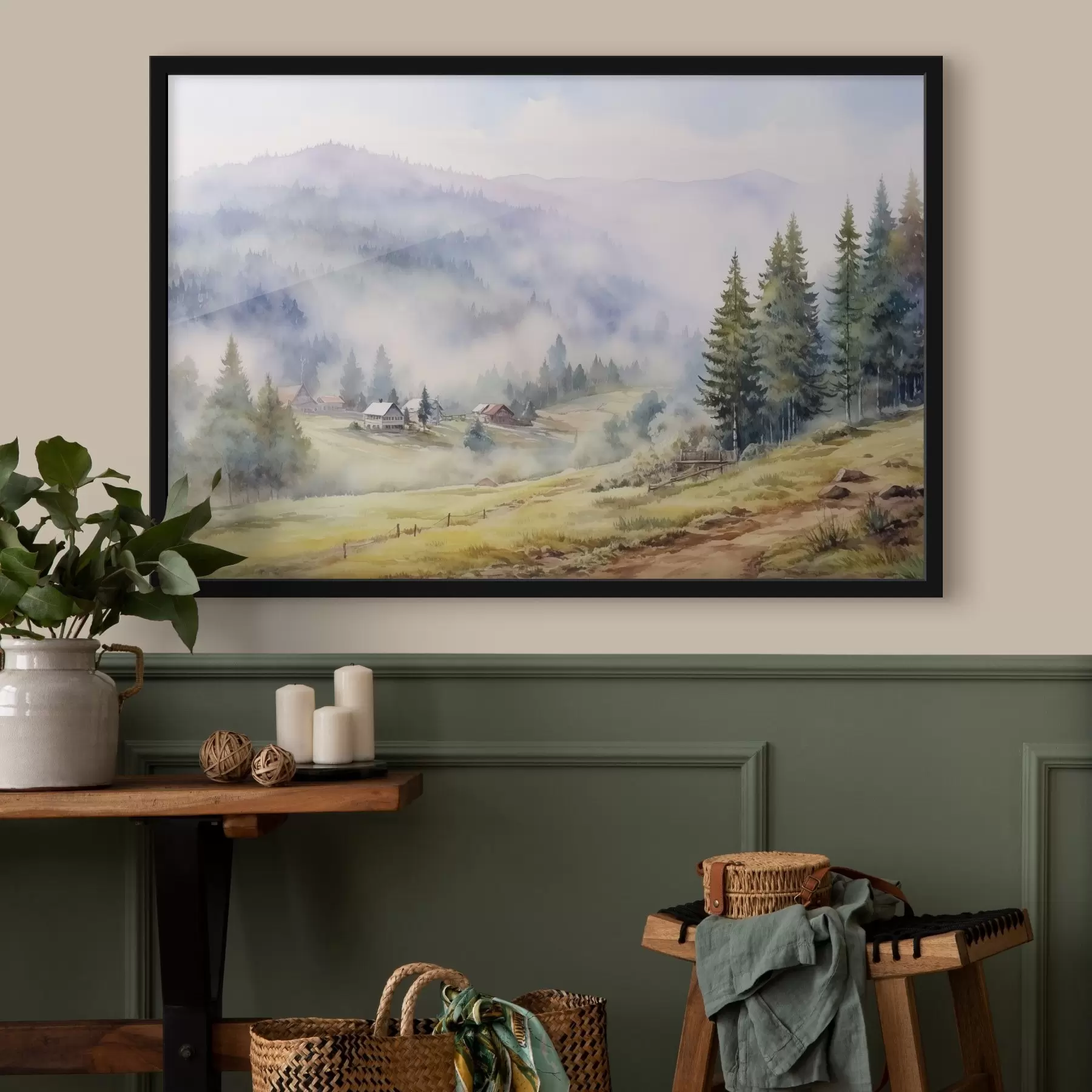 fototapet Munți frumoși, peisaje forestiere cețoase, acuarelă, sat f41649