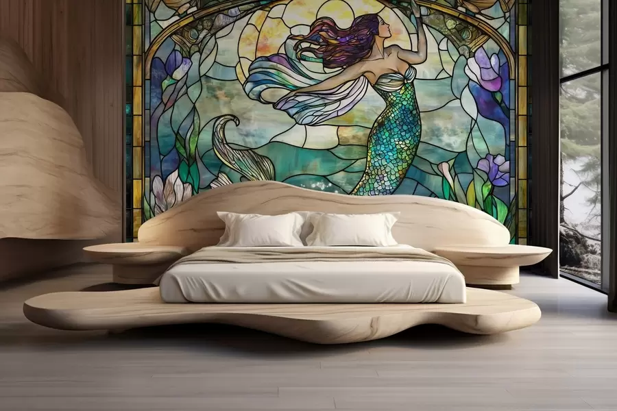 fototapet Wallpaper în stil vitraliu cu imaginea unei sirene magice w02286