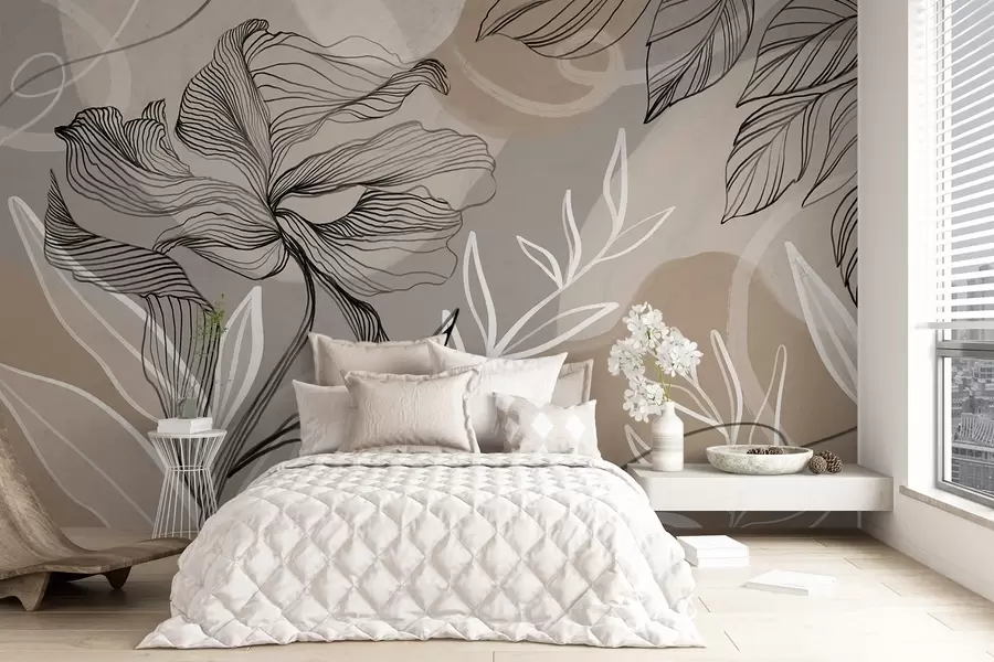 fototapet Imprimeu floral elegant cu flori abstracte mari și frunze în nuanțe de gri și bej pe un fundal deschis w08413