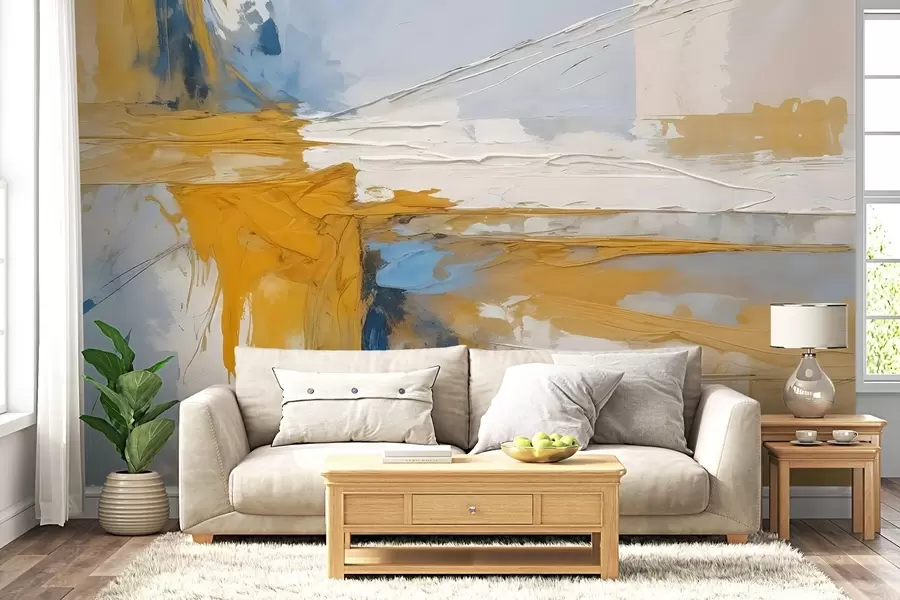 fototapet Compoziție minimalistă de artă abstractă cu tușe îndrăznețe de vopsea galbenă, albastră și albă  w08414