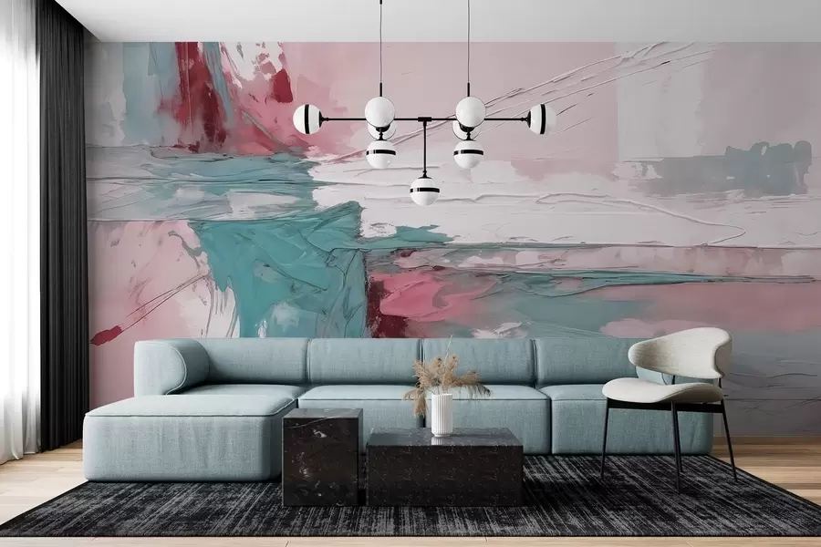 fototapet Compoziție minimalistă de artă abstractă cu tușe îndrăznețe de vopsea roz, albastră și albă  w08414v1