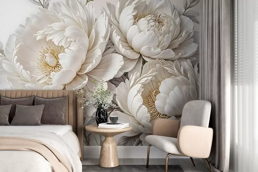 fototapet Delicate bujori albe pastelate cu frunze luxuriante pe un fundal moale, neutru w08420