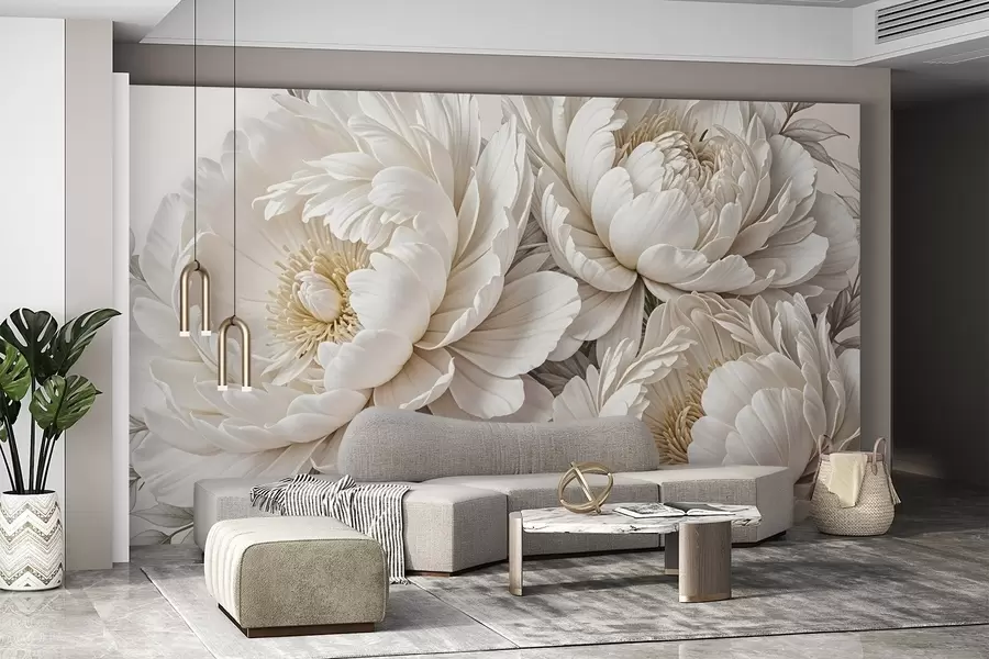 fototapet Delicate bujori albe pastelate cu frunze luxuriante pe un fundal moale, neutru w08420