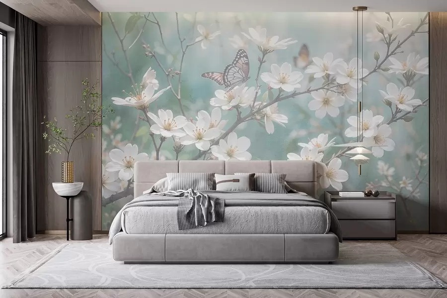 fototapet Un fluture alb pe o ramură cu flori delicate de cireș alb în prim-plan pe un fundal neclar w08421