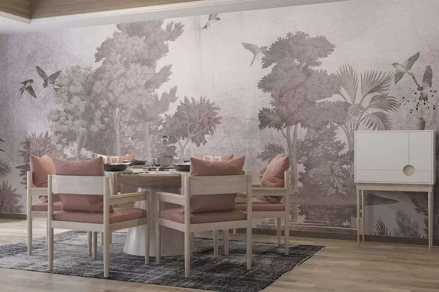 fototapet Un peisaj forestier imprimat cu un lac înconjurat de pini și alte frunze pe un fundal textural bej w08426