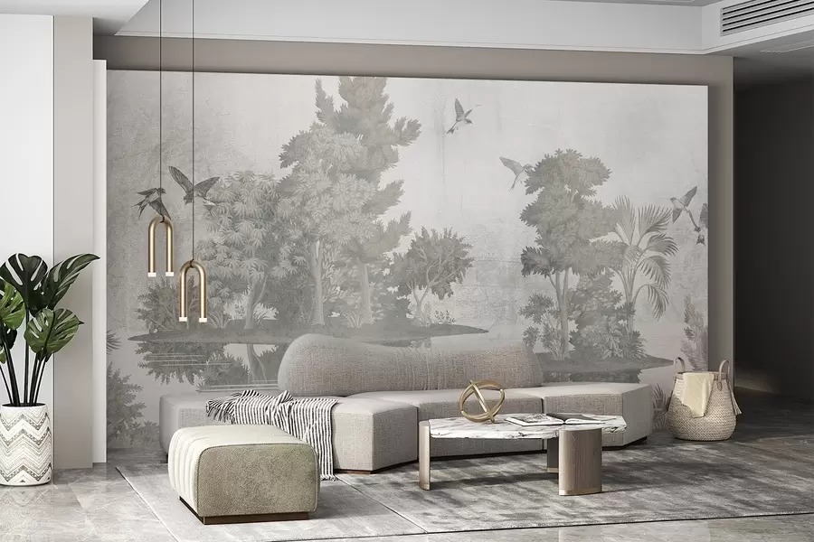 fototapet Un peisaj forestier imprimat cu un lac înconjurat de pini și alte frunzișuri pe un fundal verde textural w08426v1