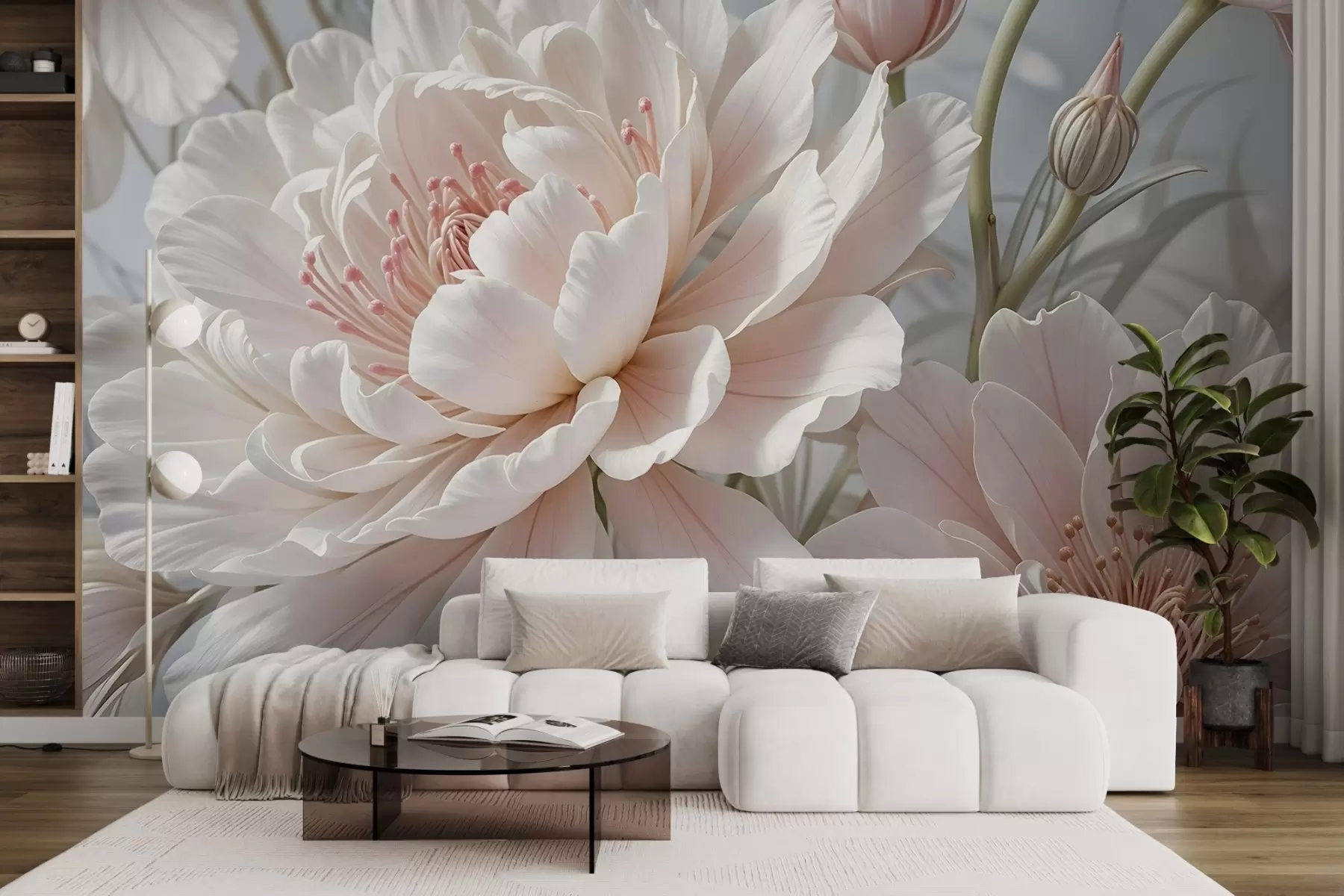 fototapet Flori de bujor mari, delicate, albe și roz, cu petale moi, pufoase, pe un fundal gri neclar w08427