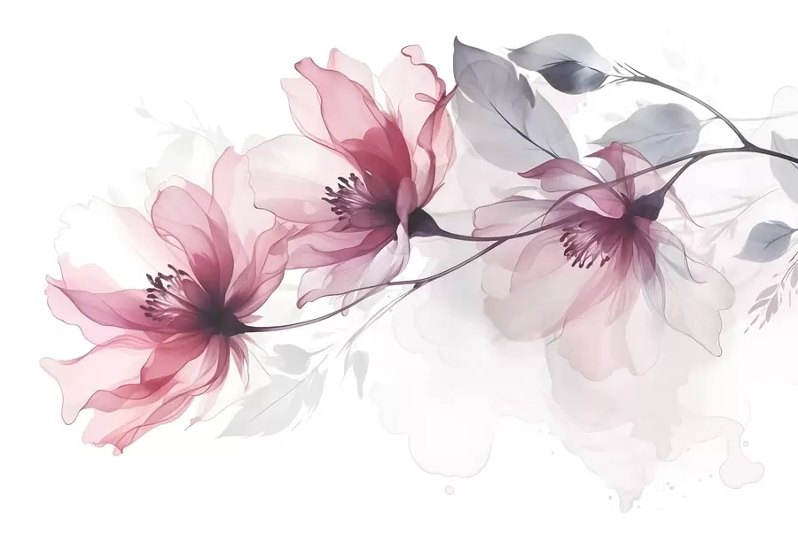 fototapet Delicate flori transparente roz și gri cu petale moi, neclare pe fundal alb w08429
