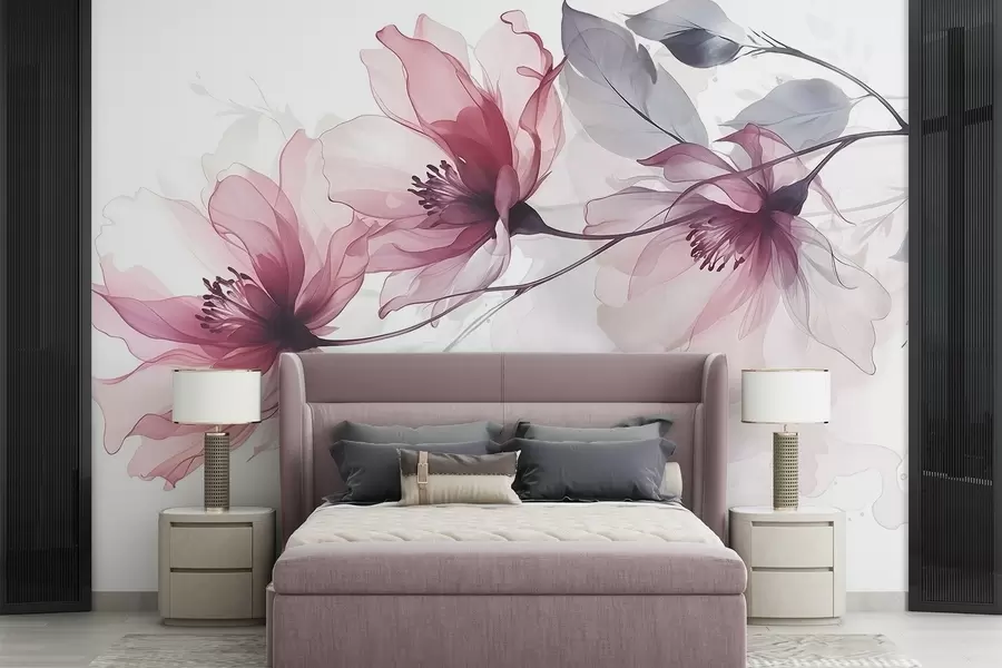 fototapet Delicate flori transparente roz și gri cu petale moi, neclare pe fundal alb w08429