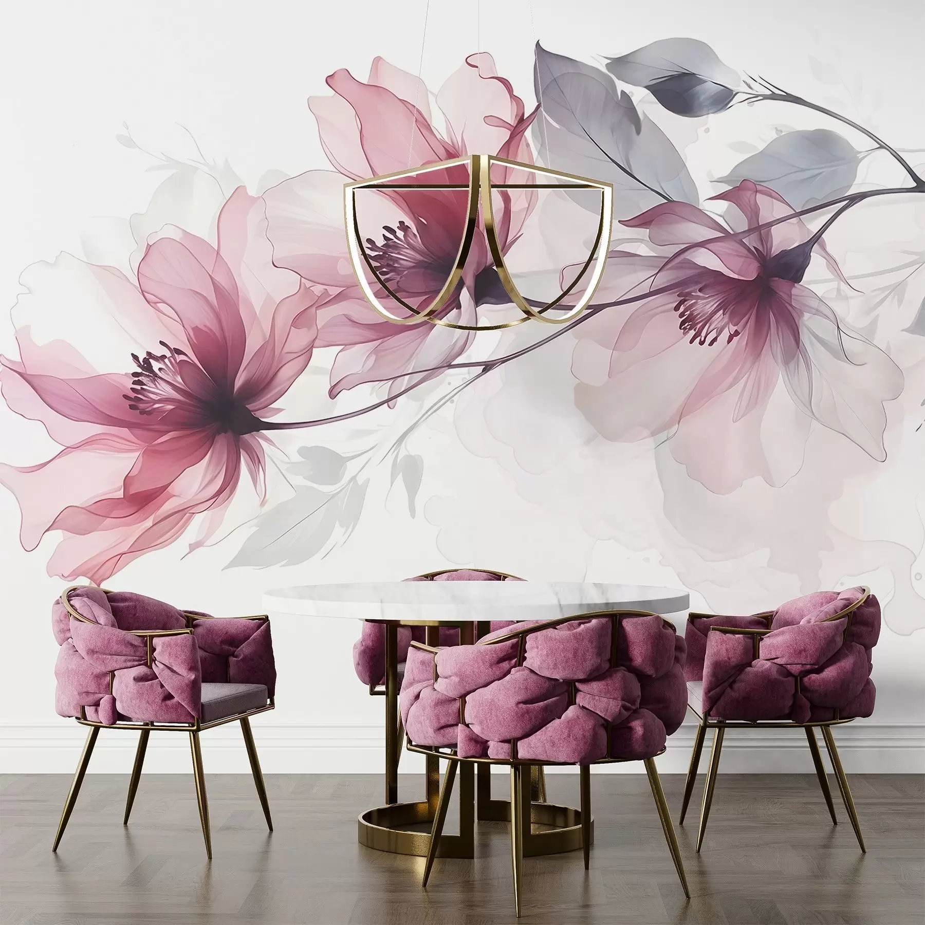 Tablouri Delicate flori transparente roz și gri cu petale moi, neclare pe fundal alb w08429