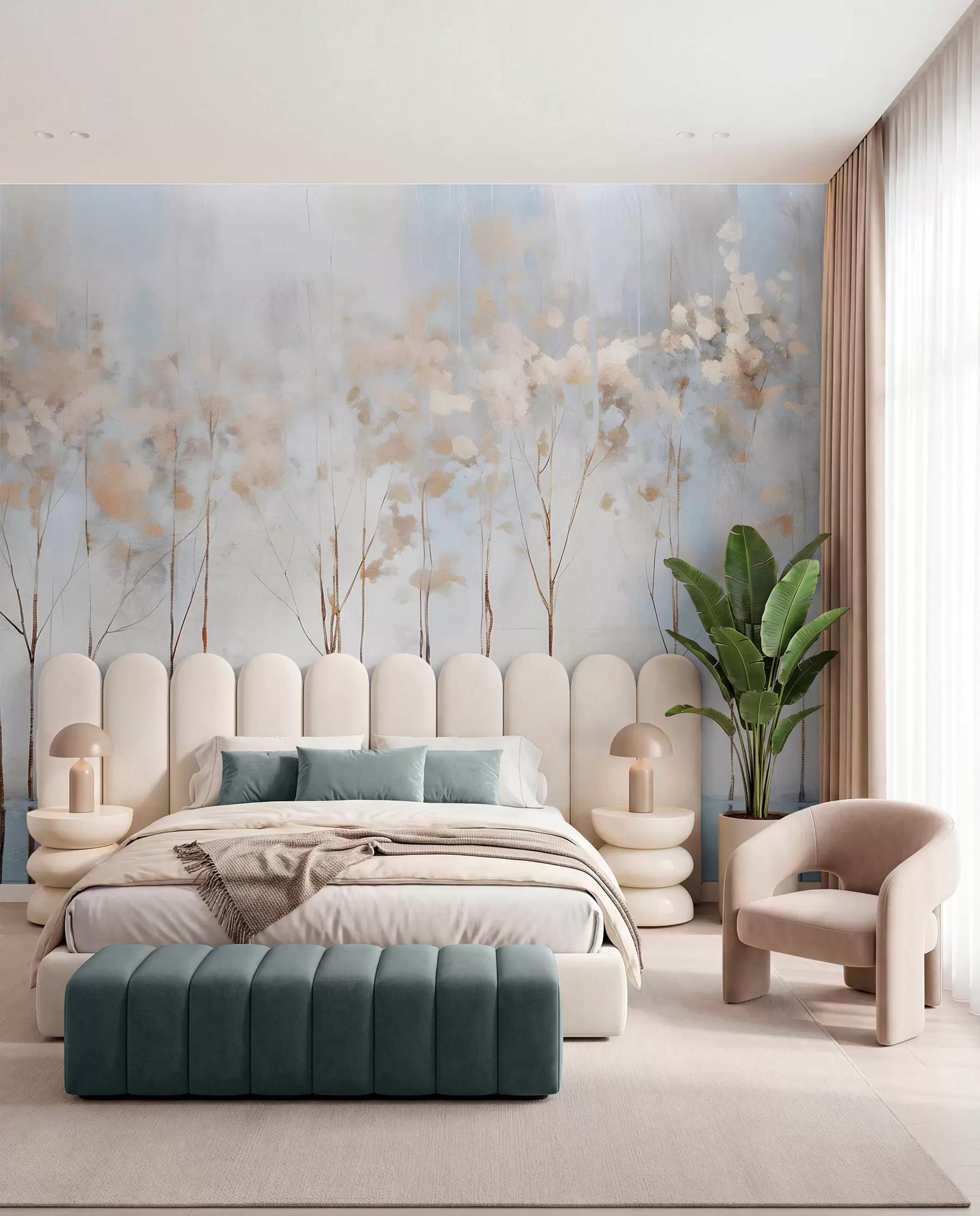 fototapet Copaci goi în peisaj minimalist abstract pastel estompat de iarnă cu un fundal moale, cețos w08430