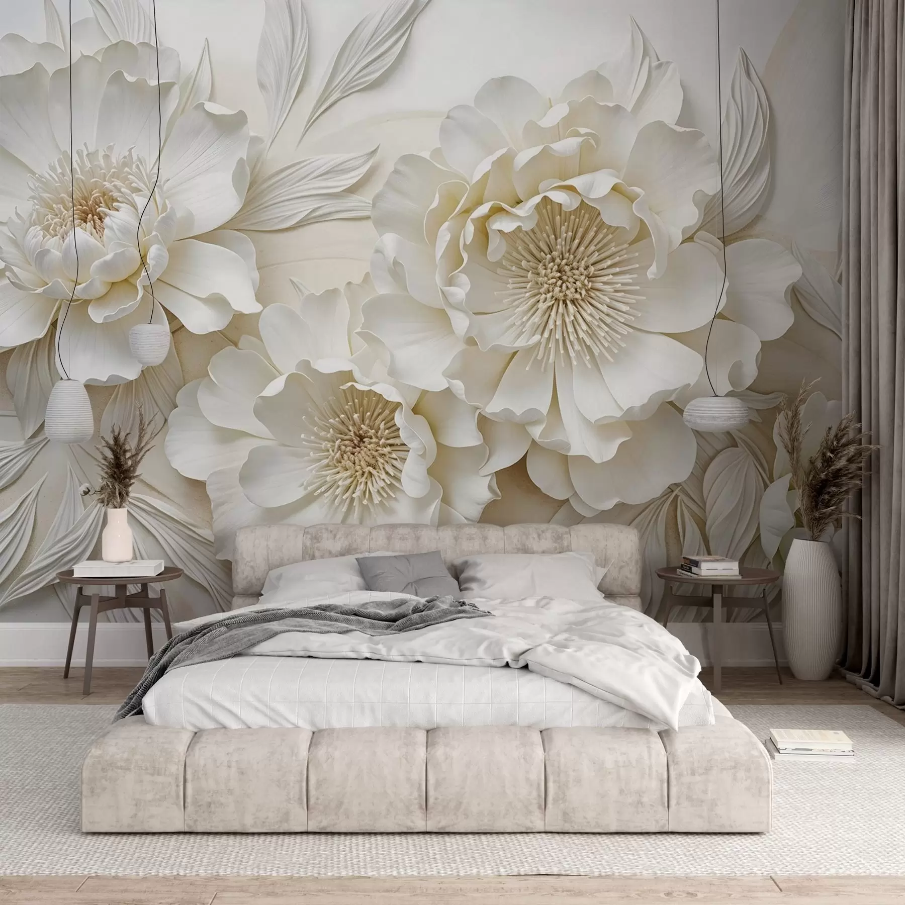 fototapet Elegant voluminoase imitație flori de bujor alb cu petale moi și centre galben pastel, pe un fundal deschis w08431