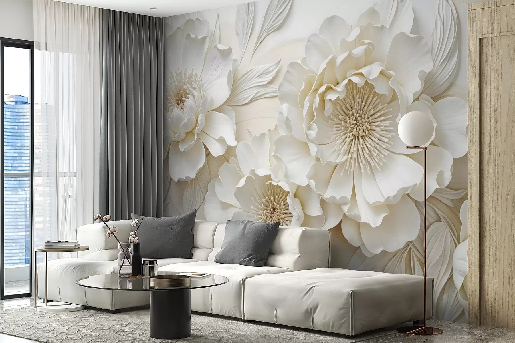 fototapet Elegant voluminoase imitație flori de bujor alb cu petale moi și centre galben pastel, pe un fundal deschis w08431