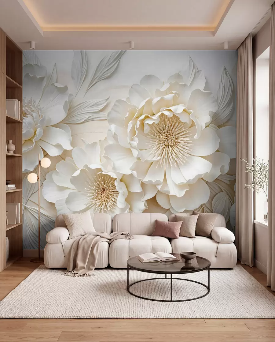 fototapet Elegant voluminoase imitație flori de bujor alb cu petale moi și centre galben pastel, pe un fundal deschis w08431
