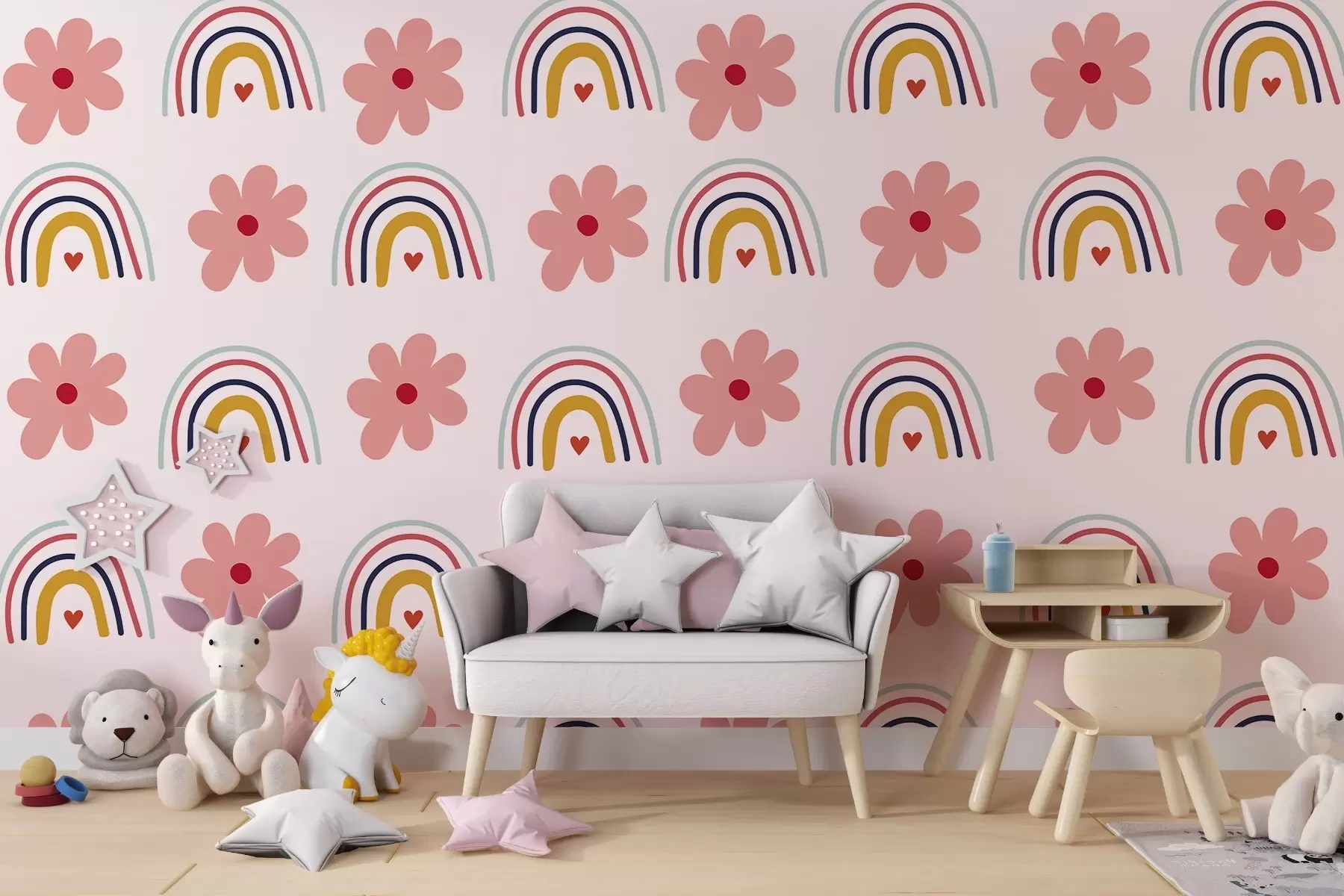 fototapet Curcubeu și flori în roz deschis w02241v1