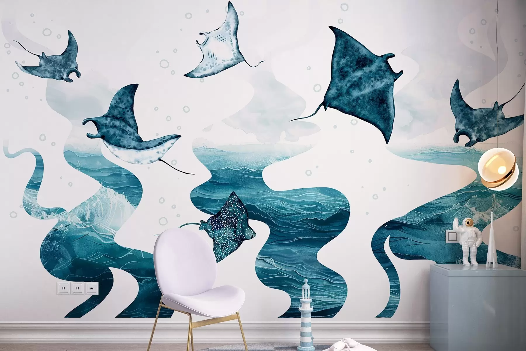 fototapet Manta ray pește, stil acuarelă, mare, ocean, culori albastre w02266