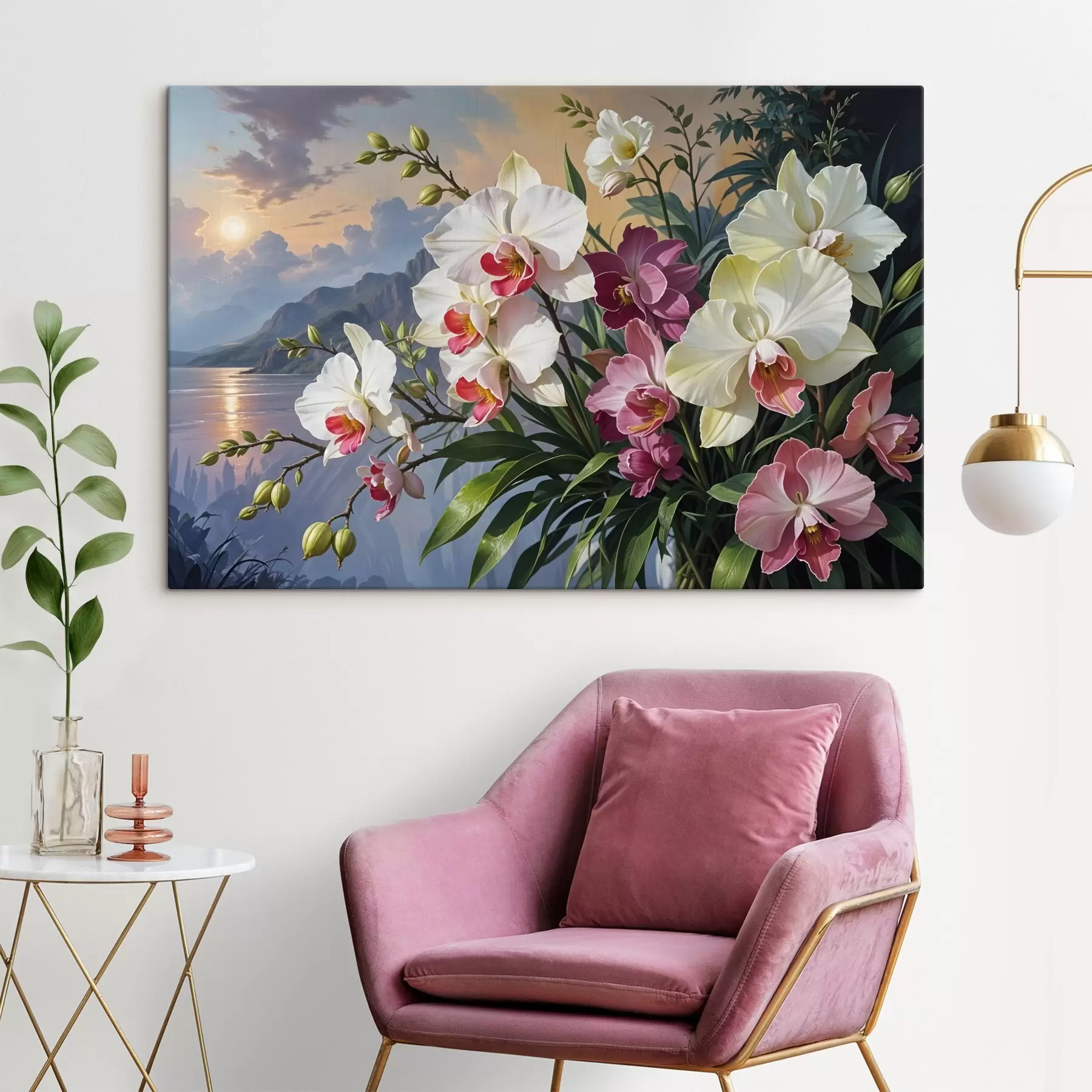 fototapet Un buchet vibrant de flori tropicale cu orhidee și frunze verzi luxuriante pe un fundal de peisaj marin s41713