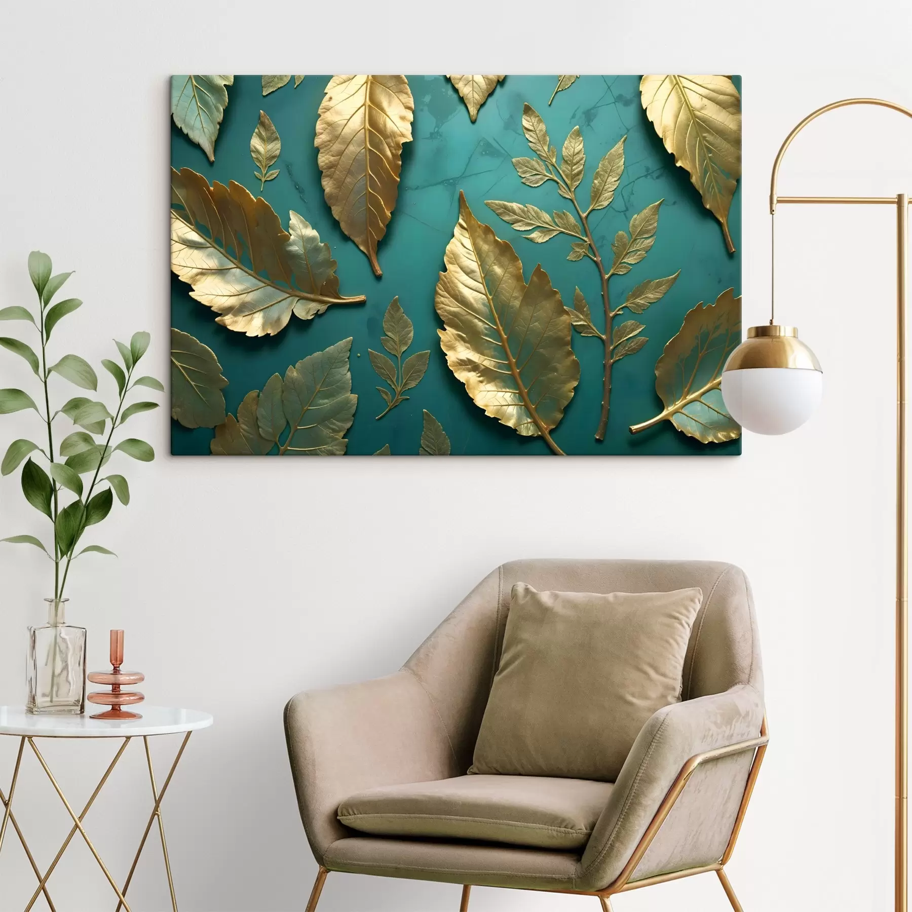 fototapet Frunze delicate galbene pe un fundal verde, creând o imprimare botanică elegantă s41727