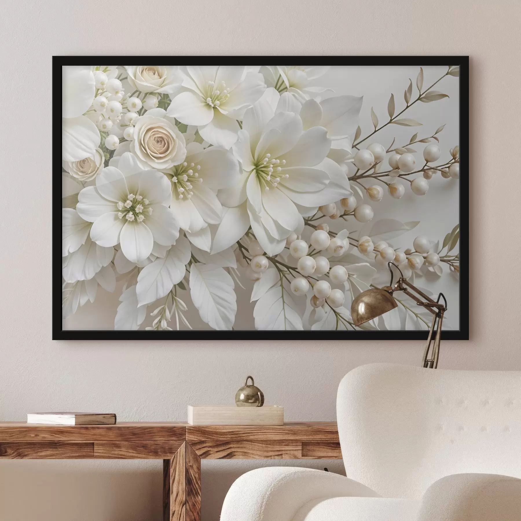Tablouri Flori albe delicate, inclusiv crini, trandafiri și alte flori cu petale moi, catifelate f41722