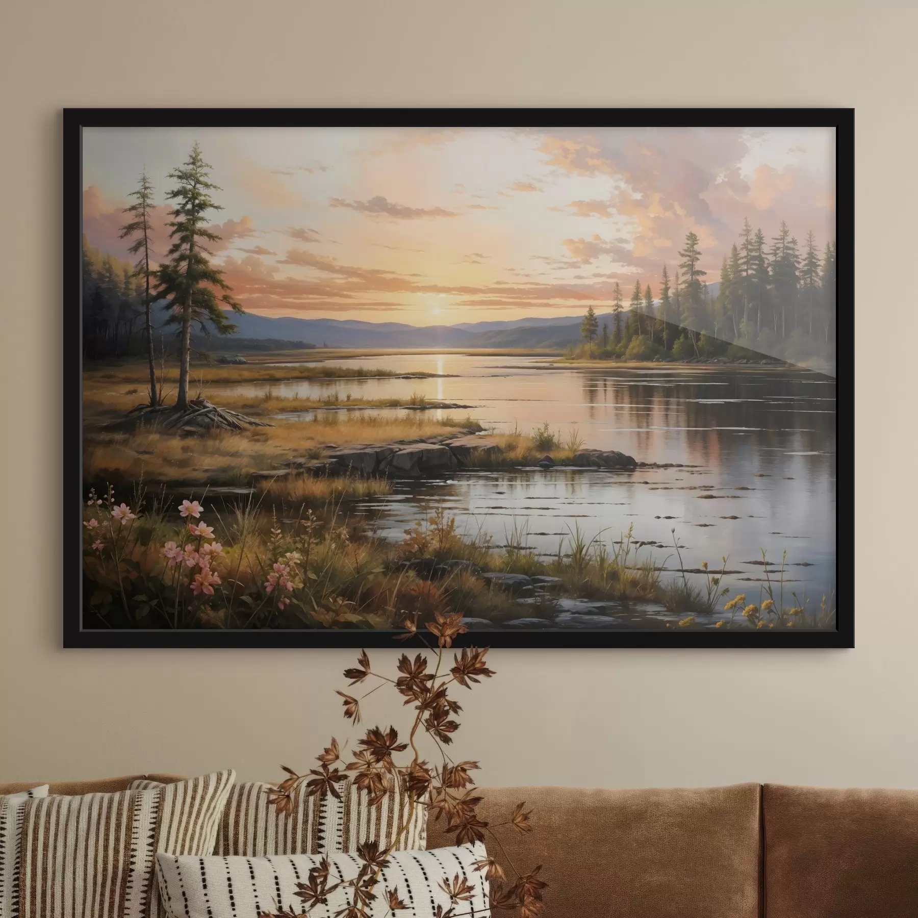 fototapet Un peisaj senin cu un lac înconjurat de pini, reflectând culorile calde ale cerului la apus f41733