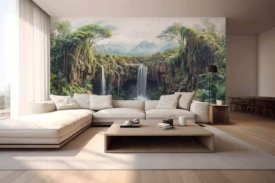 fototapet panorama mare a canionului cu copaci și o cascadă w02294