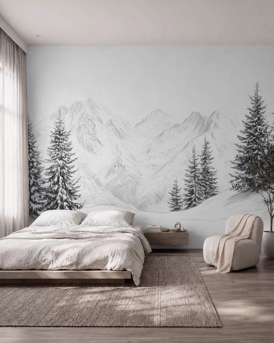 fototapet Munți înzăpeziți, desen în stil creion, minimalism, pădure, natură w02351