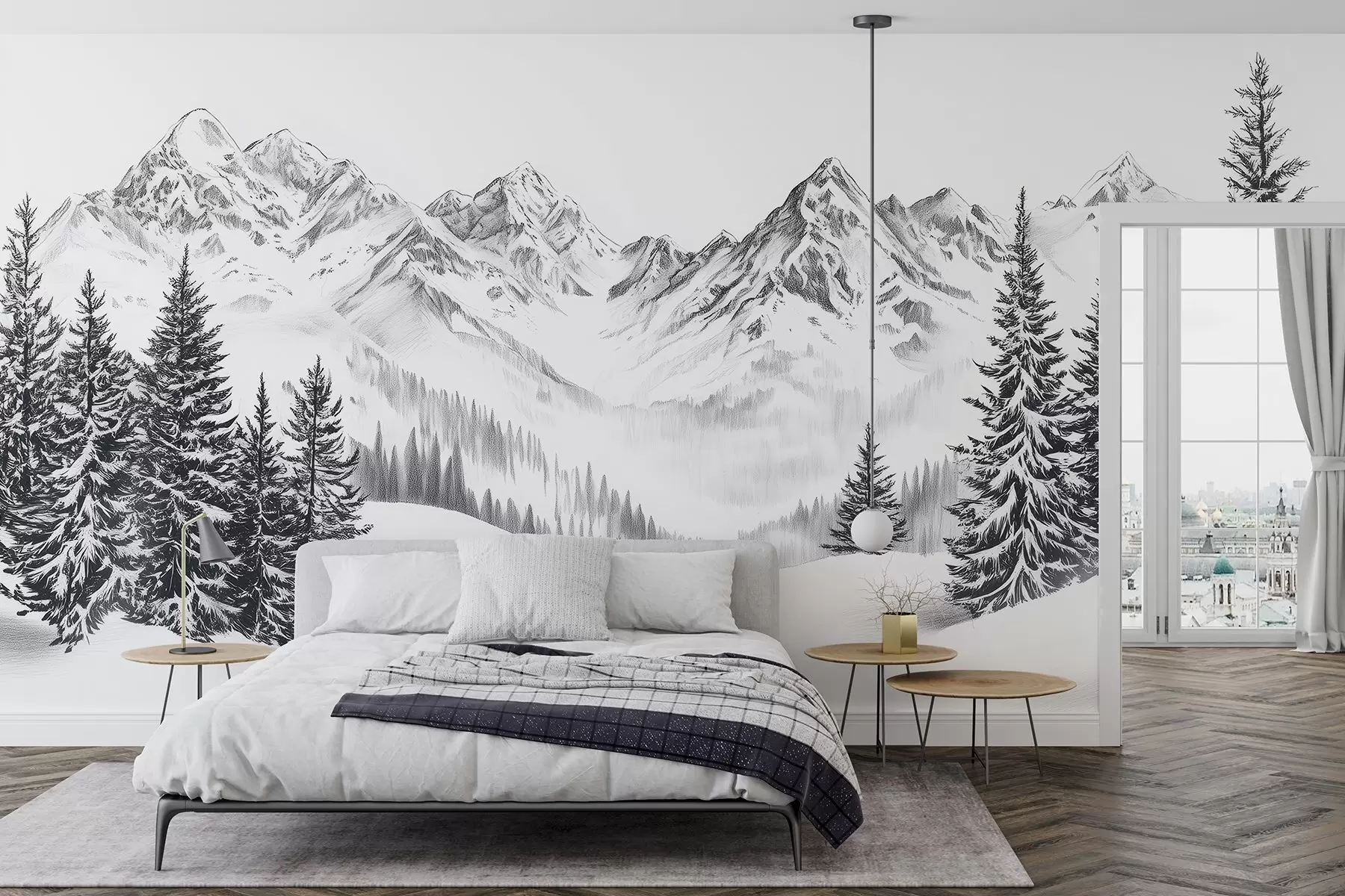 fototapet Munți alpini în zăpadă, stil creion, minimalism w02352