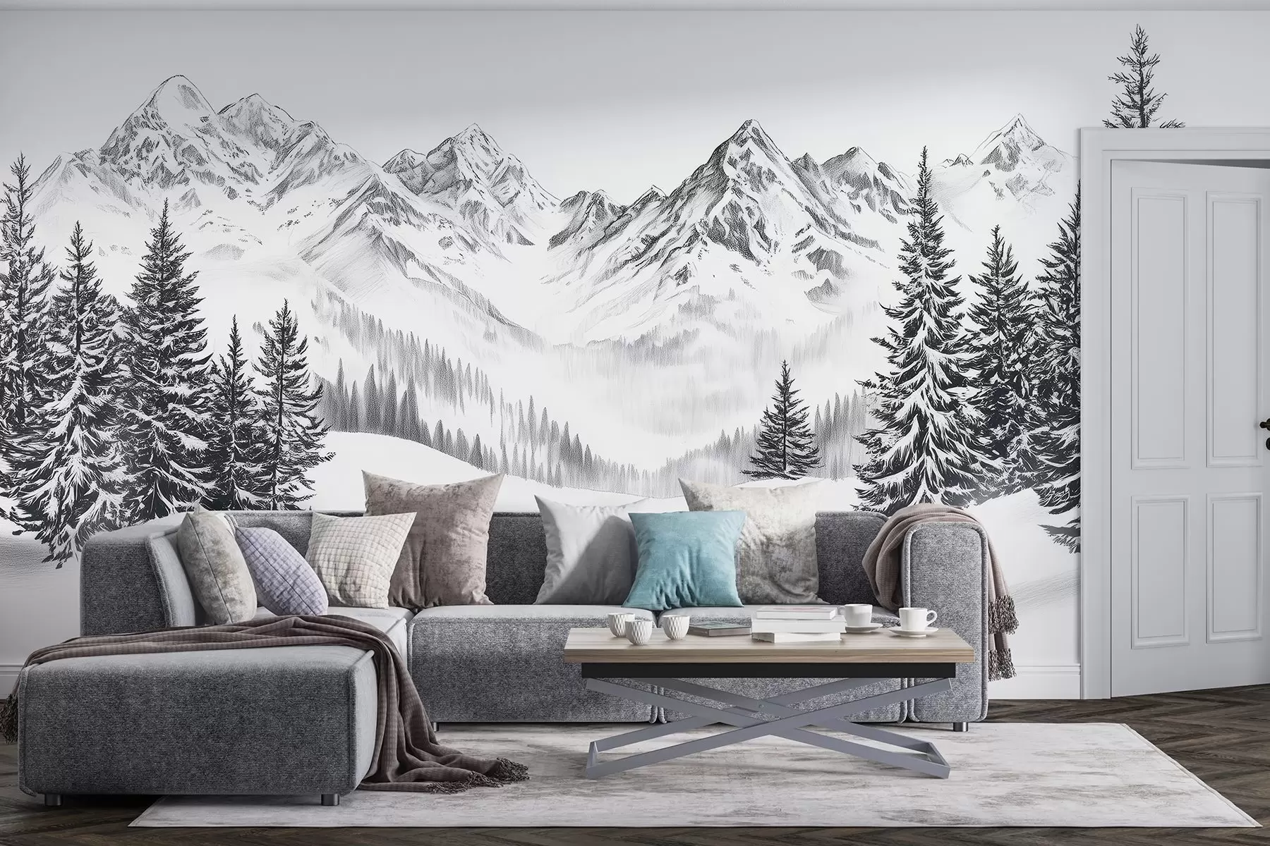 fototapet Munți alpini în zăpadă, stil creion, minimalism w02352