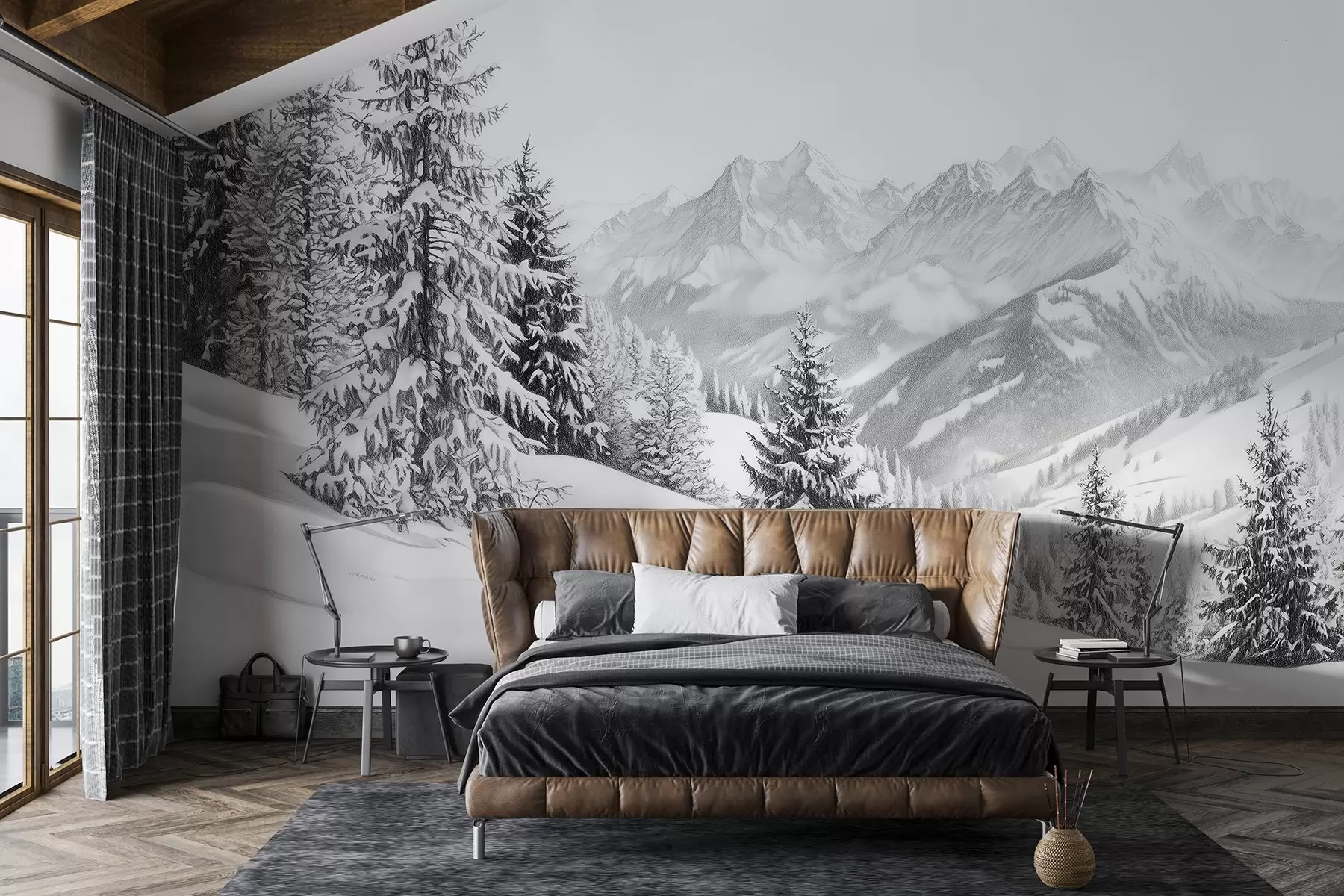 fototapet Iarna în munți, pădure, Alpi, desen în stil creion, peisaje naturale w02353