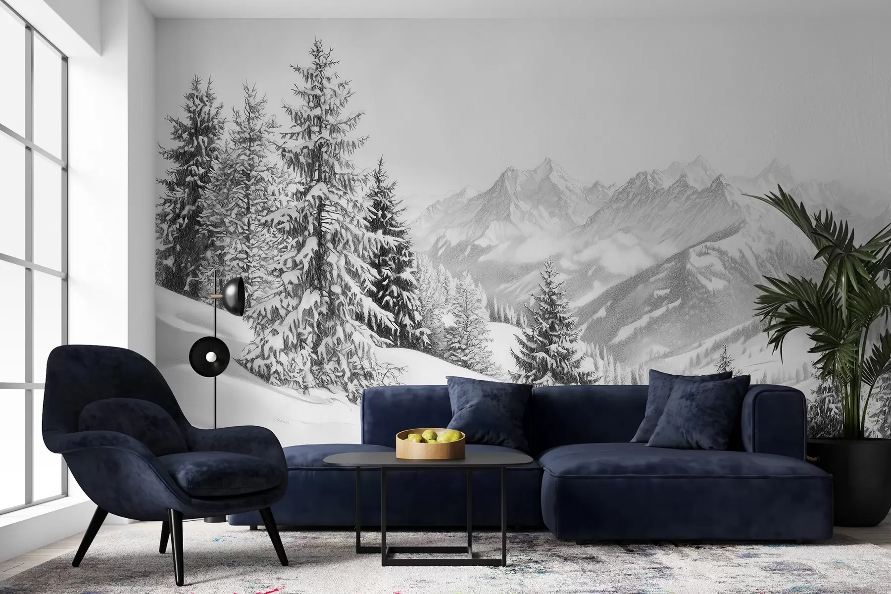 fototapet Iarna în munți, pădure, Alpi, desen în stil creion, peisaje naturale w02353