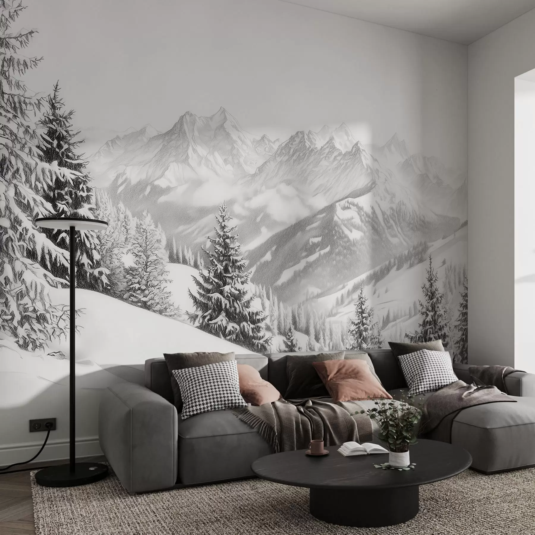 fototapet Iarna în munți, pădure, Alpi, desen în stil creion, peisaje naturale w02353